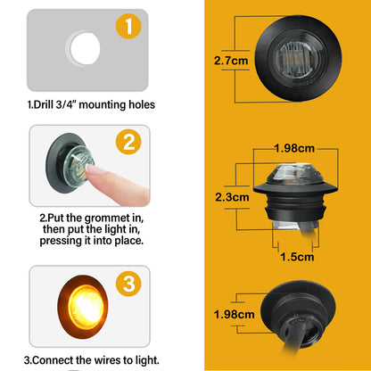 50 x Amber Round LED Side Marker Lamps 1.91CM 3LED 12V LED Side Marker Lamps