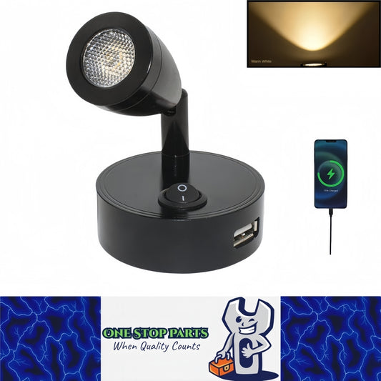 12v-24v Black Warm White LED Bedside Reading Light with Switch and USB (1pc)