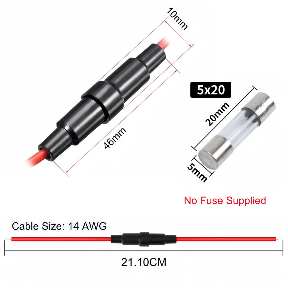 5 x Inline Glass Fuse Holders Suits 5mm x 20mm Glass Fuse with 14AWG Wires