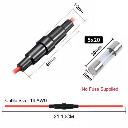 5 x Inline Glass Fuse Holders Suits 5mm x 20mm Glass Fuse with 14AWG Wires