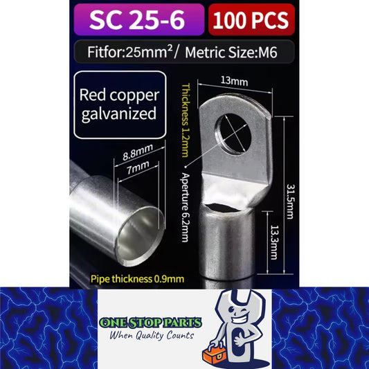 100 x Copper Solder Crimp Eye Terminals Lugs M6 SC25-6 Cable Crimp Eye Terminals