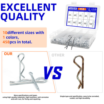458pcs Cotter Pins and R Pins Assortment Kit 10 sizes Hairpin Cotter Pins R Clip