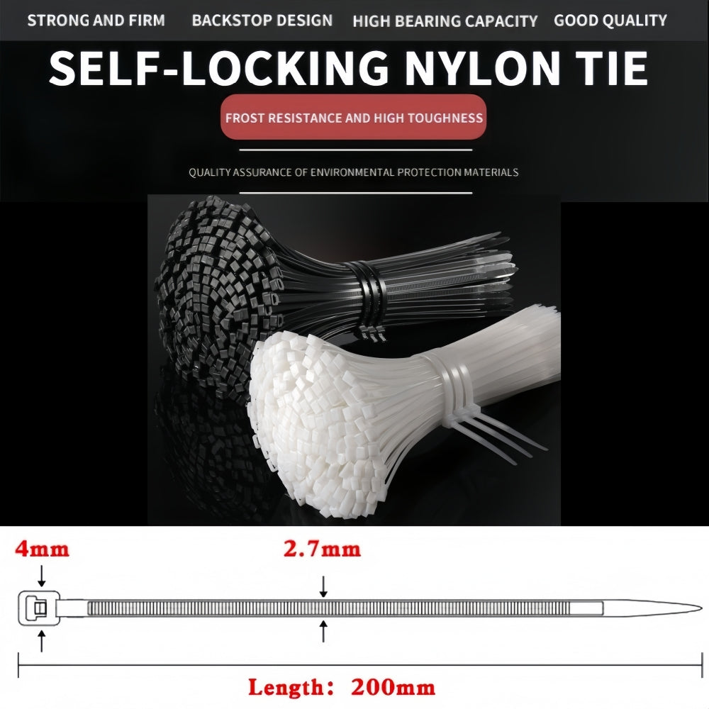 1000 x 200mm Black Cable ties 2.7mm x 200mm Black Plastic Nylon Ties (1000pcs)