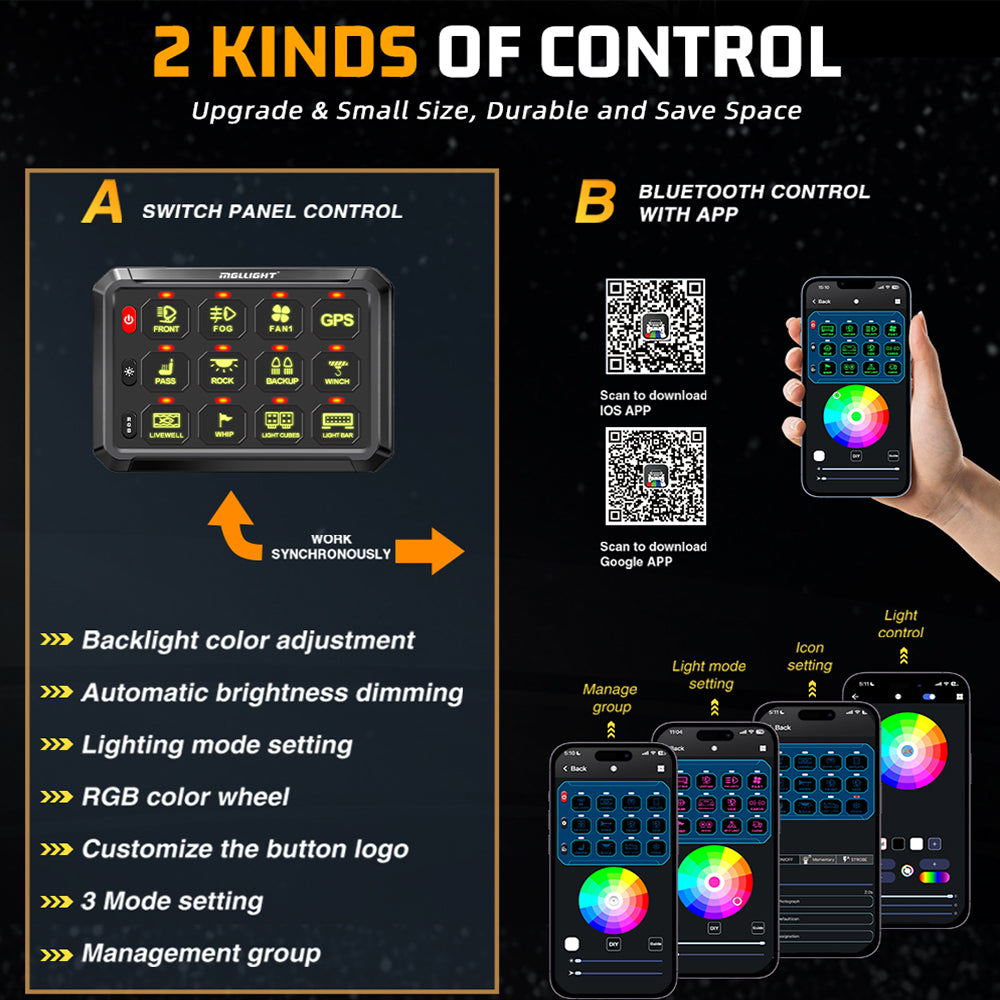12v - 24v 8 Gang Bluetooth LED Touch Switch Panel Blue Car or Boat + App Control