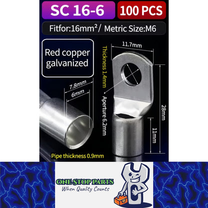 100 x Copper Solder Crimp Eye Terminals Lugs M6 SC16-6 Cable Crimp Eye Terminals