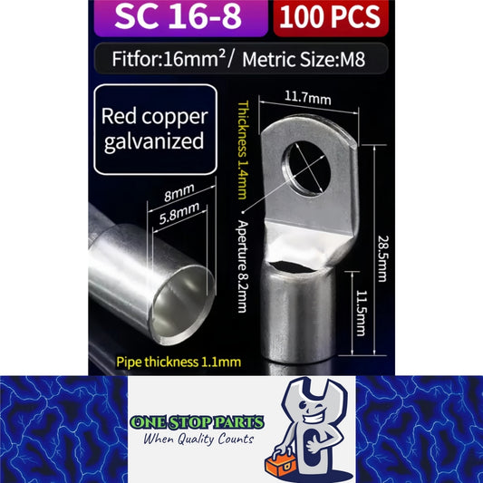 100 x Copper Solder Crimp Eye Terminals Lugs M8 SC16-8 Cable Crimp Eye Terminals