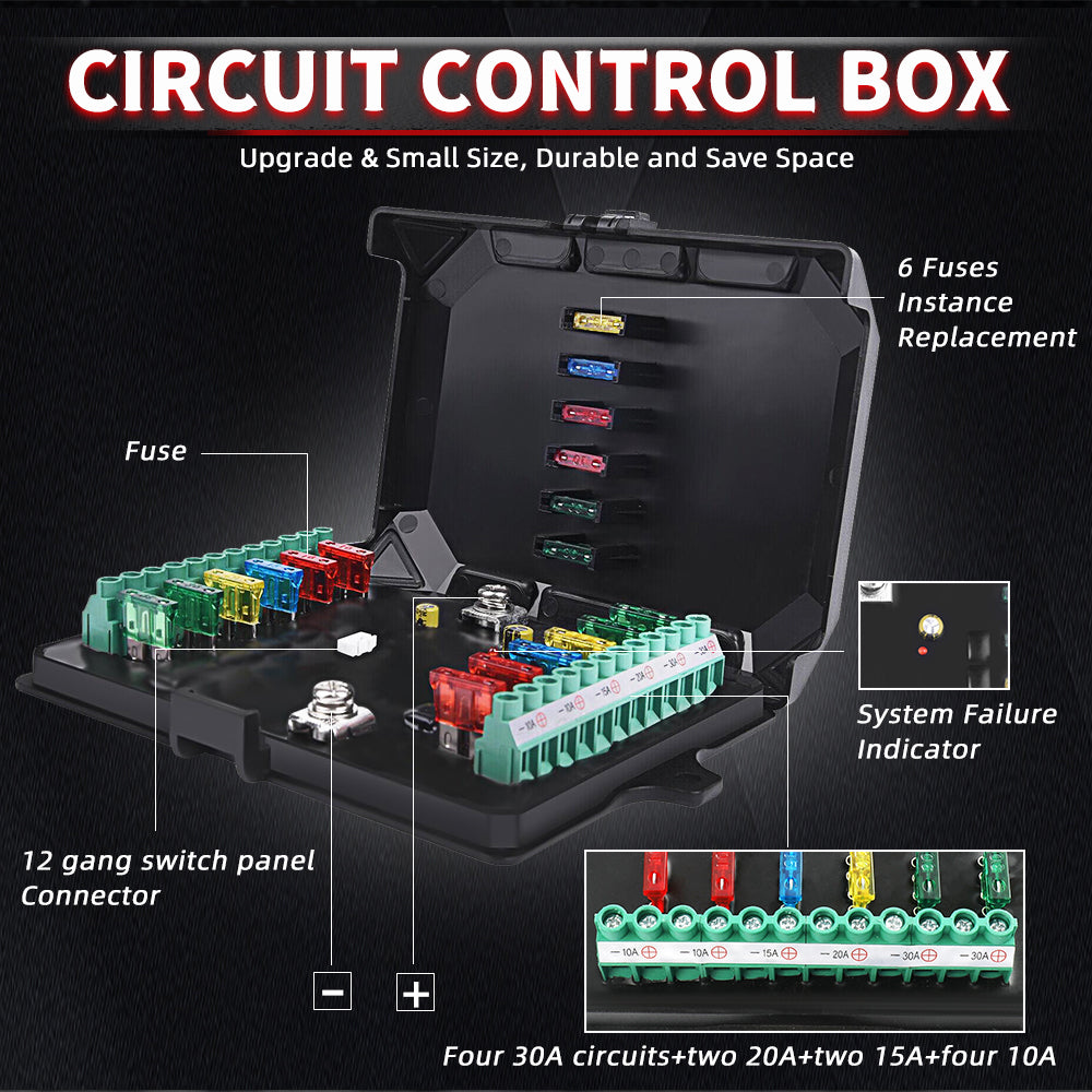 12v - 24v 12 Gang LED Touch Switch Panel Blue Car/Boat + App Control +Fuse Box