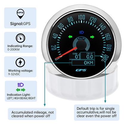 12v - 24v 85mm Hole White GPS Speedo 0-200kmh odo trip white 7 color backlight