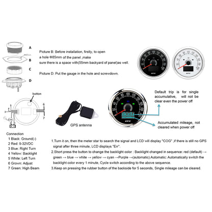 12v - 24v 85mm Hole Black GPS Speedo 0-200kmh odo trip white 7 color backlight