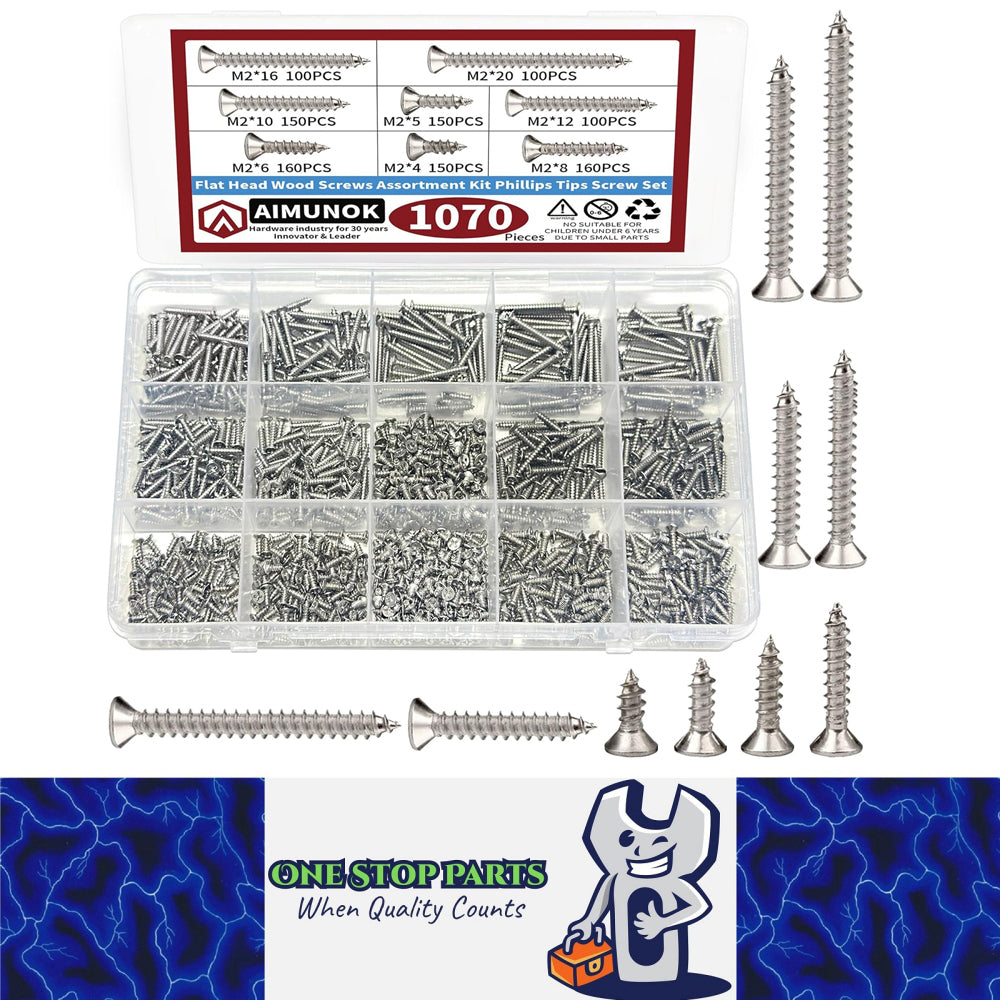 1070pcs Self Tapping Screw Assortment Kit M2 Wood Thread Flat Head Phillips DIY