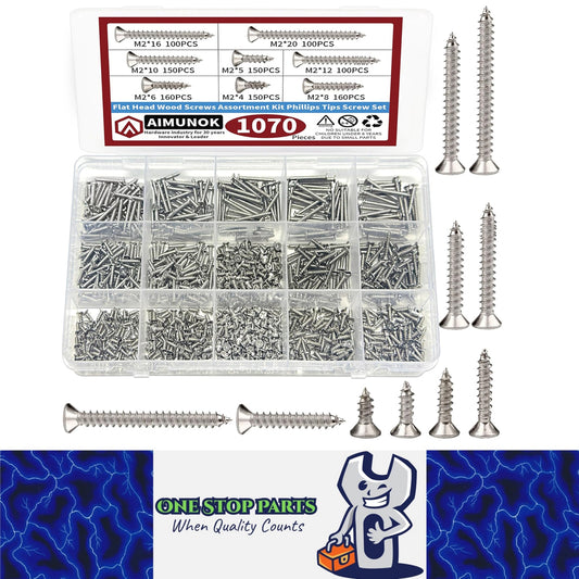 1070pcs Self Tapping Screw Assortment Kit M2 Wood Thread Flat Head Phillips DIY
