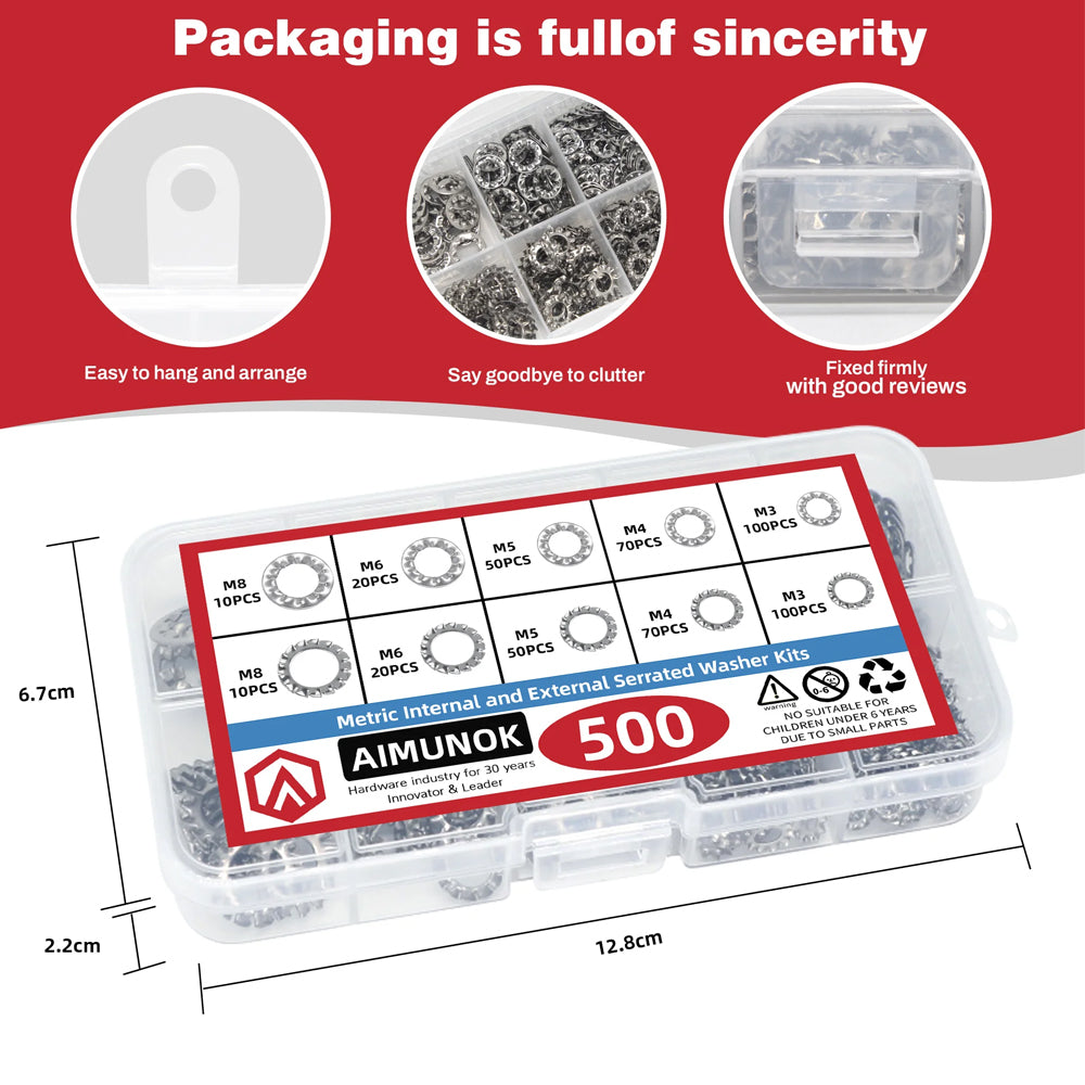 500pcs Serrated Lock Washer Set M3–M8 Stainless Steel Internal/External Kit