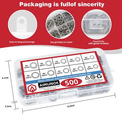 500pcs Serrated Lock Washer Set M3–M8 Stainless Steel Internal/External Kit