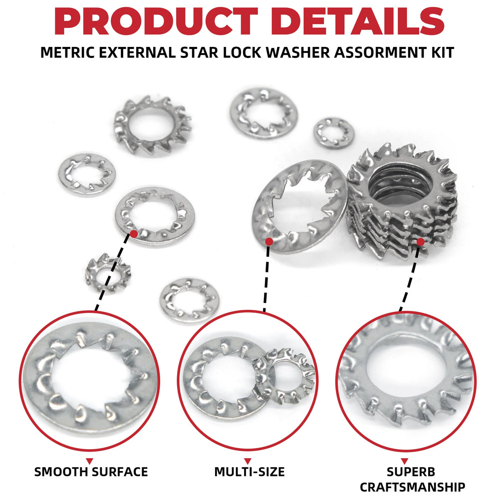 500pcs Serrated Lock Washer Set M3–M8 Stainless Steel Internal/External Kit