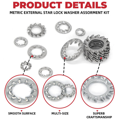 500pcs Serrated Lock Washer Set M3–M8 Stainless Steel Internal/External Kit