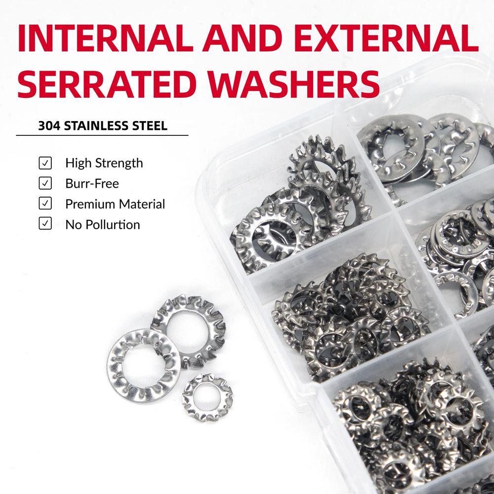 500pcs Serrated Lock Washer Set M3–M8 Stainless Steel Internal/External Kit