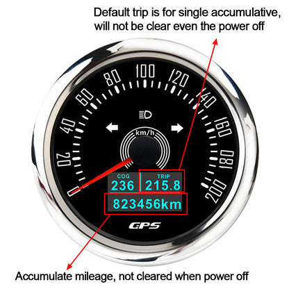 12v - 24v 85mm Hole White GPS Speedo 0-200kmh odo trip white 7 color backlight