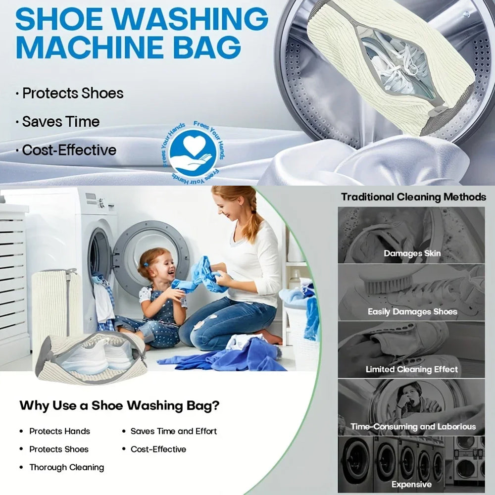Shoe Washing Bag Fluffy Fiber 360° Clean Zipper Laundry Net Reusable for Sneaker