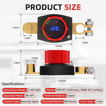 250A Top Post Battery Disconnect Switch 12-48V LED Voltmeter Battery Clamp Post