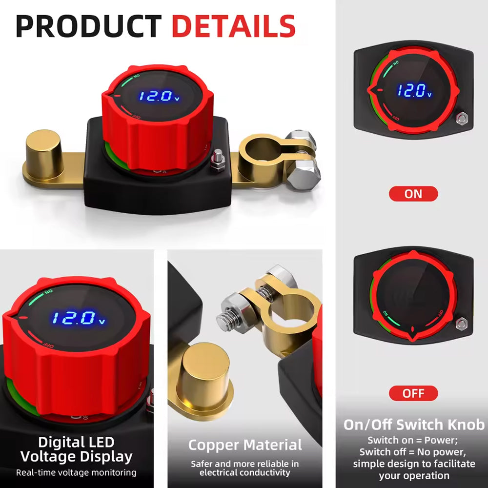 250A Top Post Battery Disconnect Switch 12-48V LED Voltmeter Battery Clamp Post