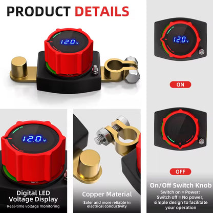 250A Top Post Battery Disconnect Switch 12-48V LED Voltmeter Battery Clamp Post