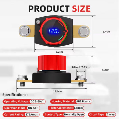 Side Post Battery Disconnect Switch 275A 12-48V LED Voltmeter Cut Off Switch
