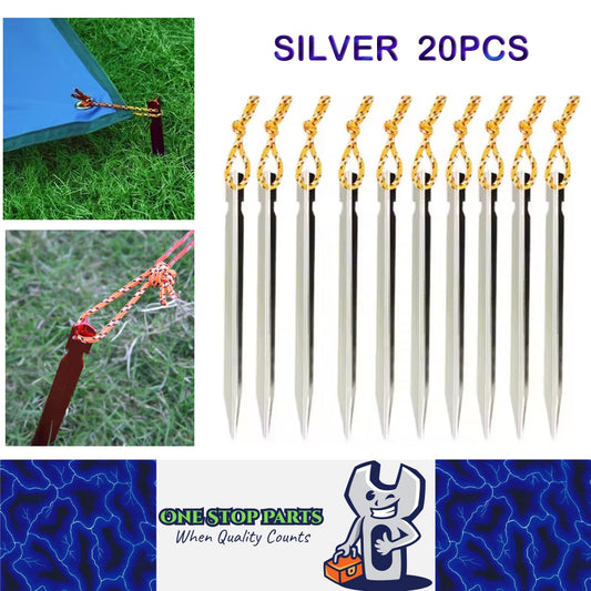 20 x Silver Tent Stakes 18CM Tri-Beam Tent Pegs with Rope Ground Nails Stakes