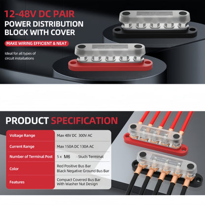 M6 Bus Bar 12V-48V 150A Power Distribution Block 5xM6 Posts Studs Terminal Block