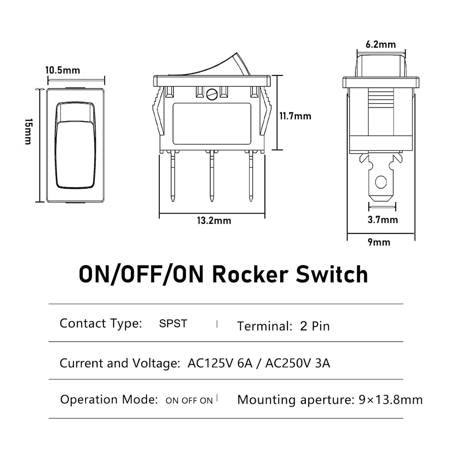 5 x Black Rocker Switches 10x15mm ON/OFF 3 Pin SPST Panel Mini Rocker Switches