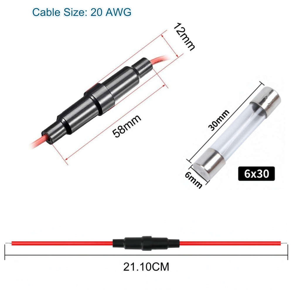 5 x Inline Glass Fuse Holders with 6mm x 30mm Long  Glass Fuses 20 AWG Wires