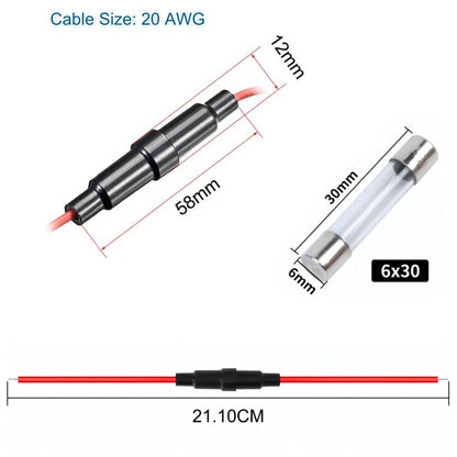 5 x Inline Glass Fuse Holders with 6mm x 30mm Long  Glass Fuses 20 AWG Wires