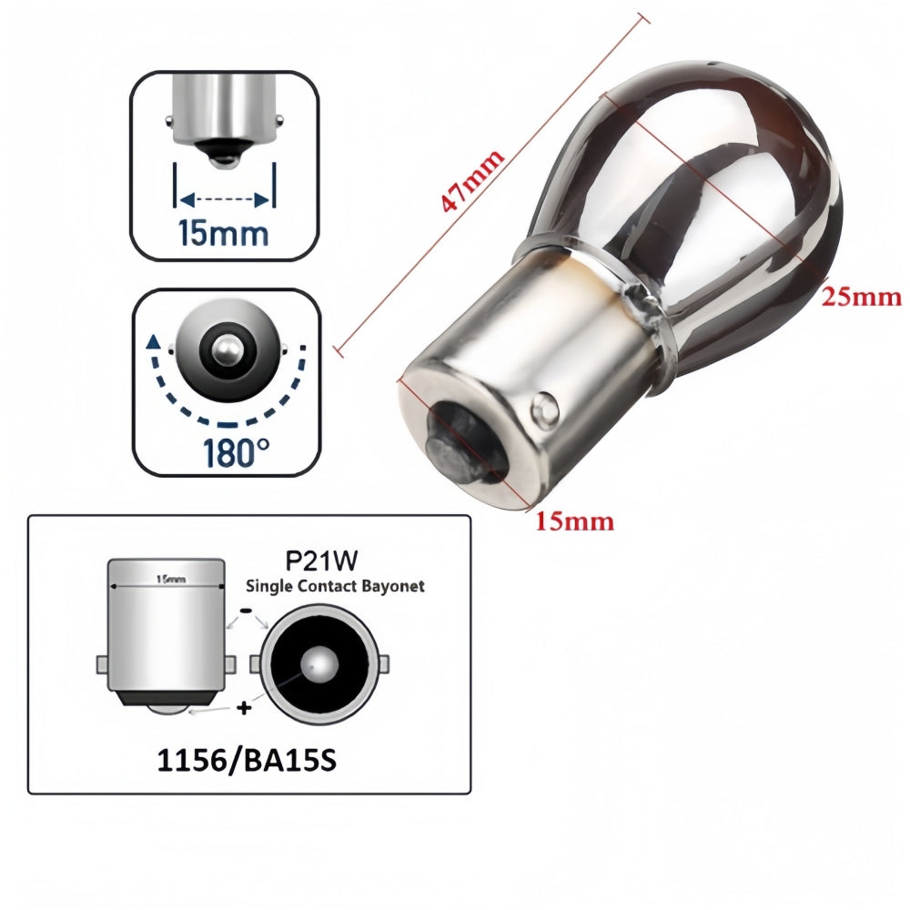 2pcs Amber BA15S 12V 21W 1156 P21W Chrome Coated Filament Incandescent Globes
