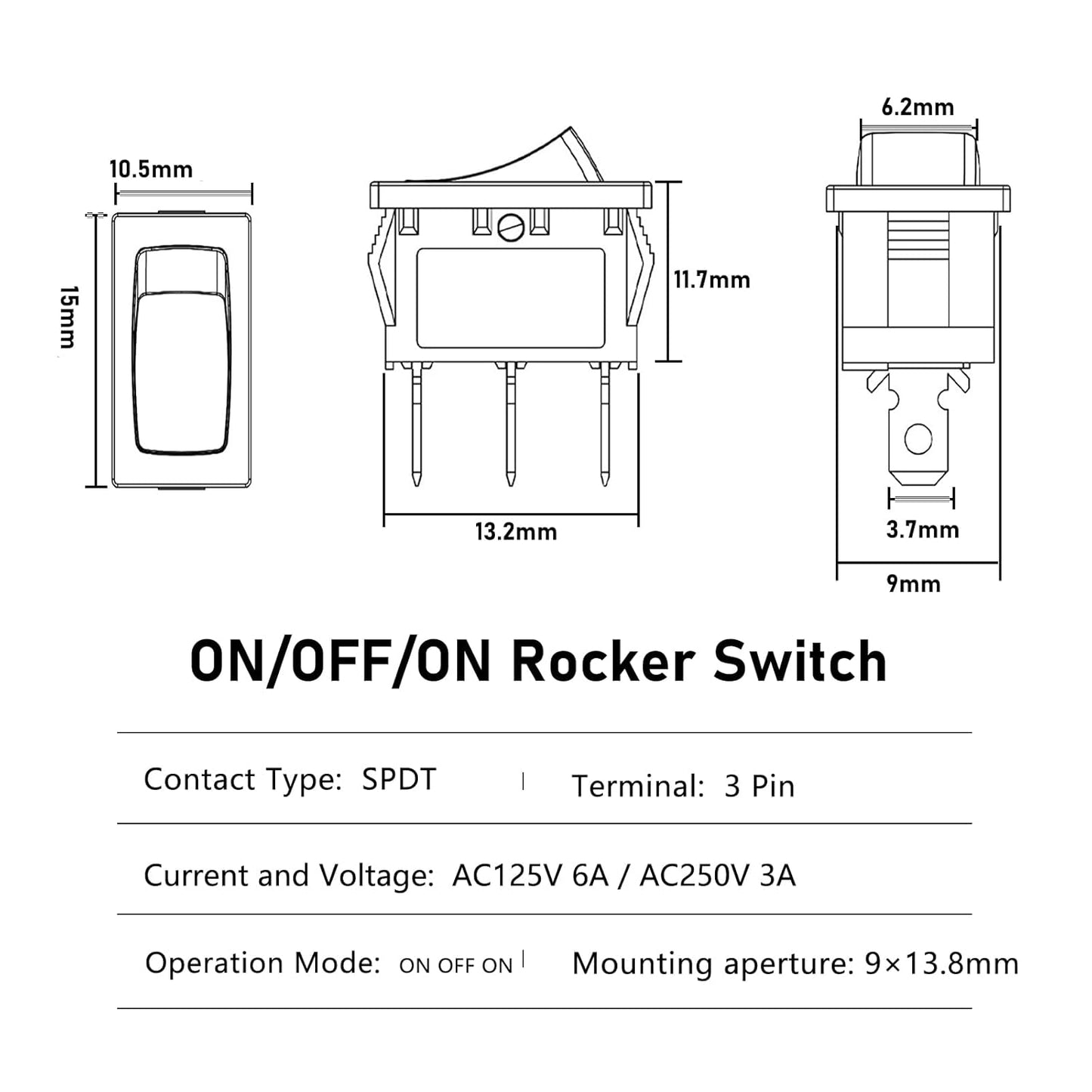 5 x Black Rocker Switches 10x15mm ON/OFF/ON 3 Pin SPST Panel Mount Mini Switches