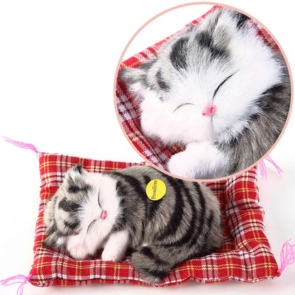 Grey Sleeping Cat in Pet Pad Doll Toy Mini Kitten with Meows Sound Car Decor