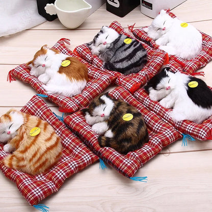 Brown Sleeping Cat in Pet Pad Doll Mini Kitten Toy with Meows Sound Car Decor