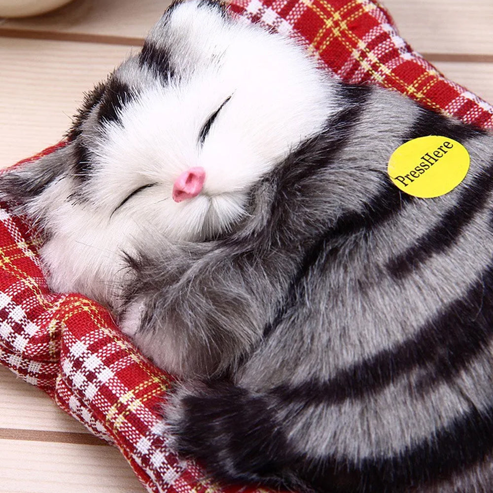 Grey Sleeping Cat in Pet Pad Doll Toy Mini Kitten with Meows Sound Car Decor