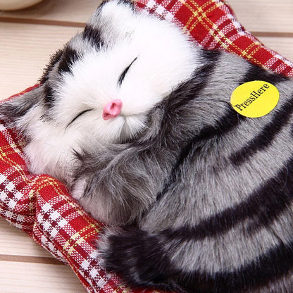 Grey Sleeping Cat in Pet Pad Doll Toy Mini Kitten with Meows Sound Car Decor
