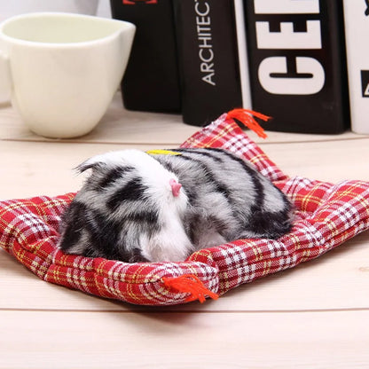 Grey Sleeping Cat in Pet Pad Doll Toy Mini Kitten with Meows Sound Car Decor