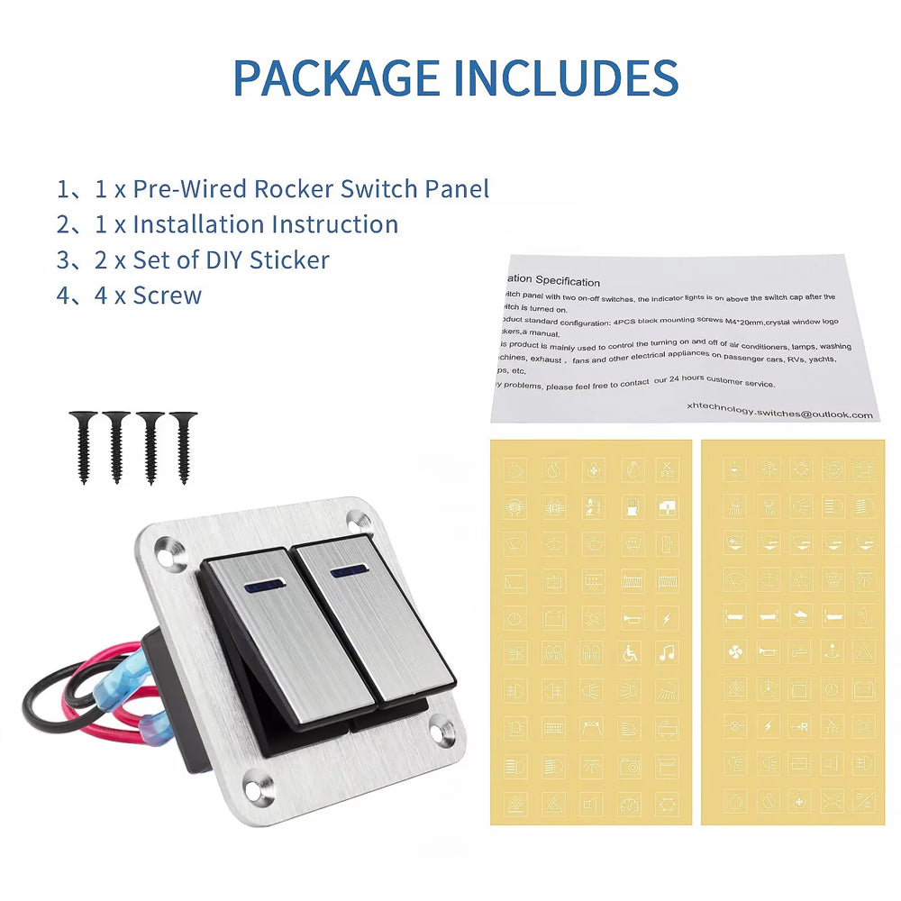 Metal 2 Gang Switch Panel 12V-24V LED Rocker Switch Panel for Car Truck Marine