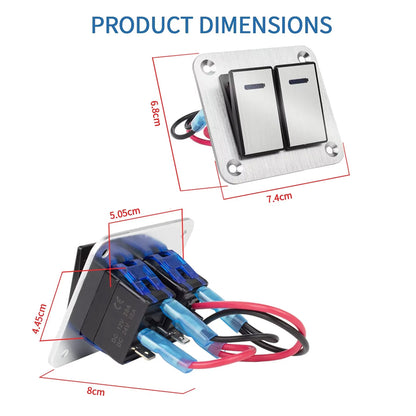 Metal 2 Gang Switch Panel 12V-24V LED Rocker Switch Panel for Car Truck Marine