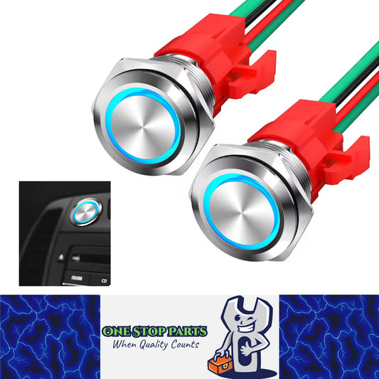 2 x 16mm Metal Push Button Switch Blue LED Pre Wired 12V 20A Self-Locking Switch