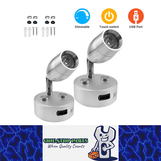 2 x 12v-24v Silver Warm White LED Bedside Reading Light with Switch and USB 2pcs