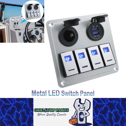 Metal 12V-24V 4 Gang LED Rocker Switch Panel with USB Port 12V Outlet Marine Car