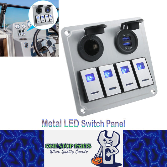 Metal 12V-24V 4 Gang LED Rocker Switch Panel with USB Port 12V Outlet Marine Car