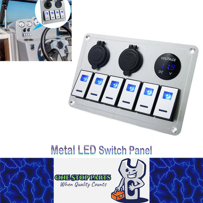 Metal 12V-24V 6 Gang LED Rocker Switch Panel with Voltmeter USB Port 12V Outlet