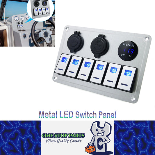 Metal 12V-24V 6 Gang LED Rocker Switch Panel with Voltmeter USB Port 12V Outlet