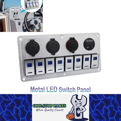 Metal 12V-24V 8 Gang LED Rocker Switch Panel with Voltmeter USB Port 12V Outlet