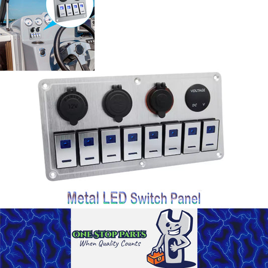 Metal 12V-24V 8 Gang LED Rocker Switch Panel with Voltmeter USB Port 12V Outlet