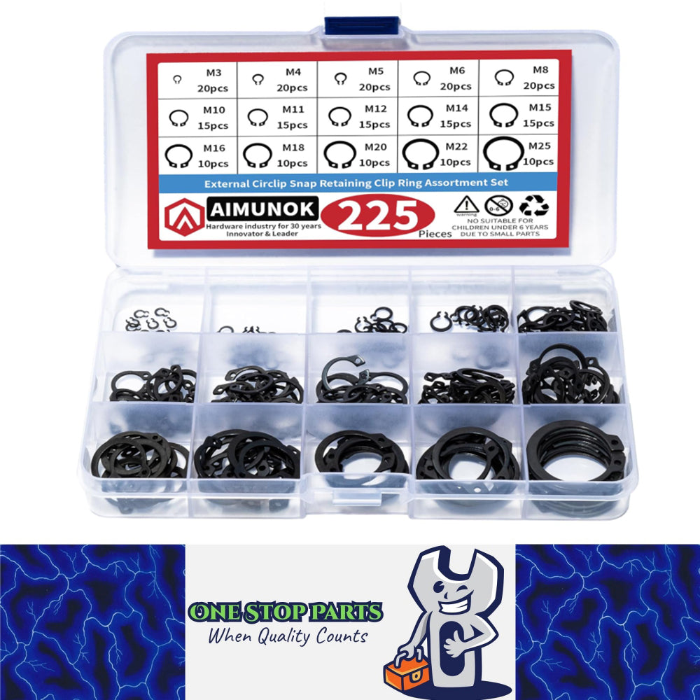 225pcs Alloy Steel External Snap Rings Circlip C-Clip Assortment Kit 15 Sizes