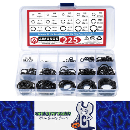 225pcs Alloy Steel External Snap Rings Circlip C-Clip Assortment Kit 15 Sizes
